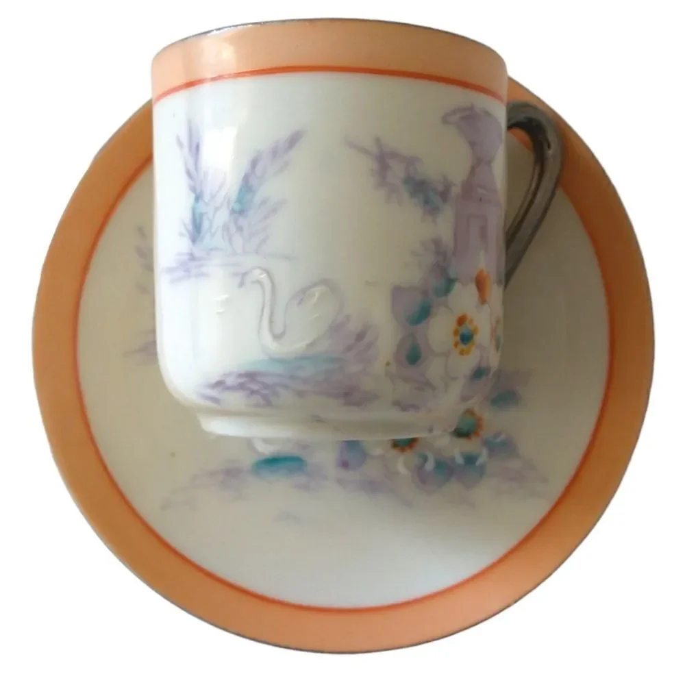 Lustreware Demitasse Espresso‎ Cup Saucer Hotta Yu Shoten Moriage Swans Floral.